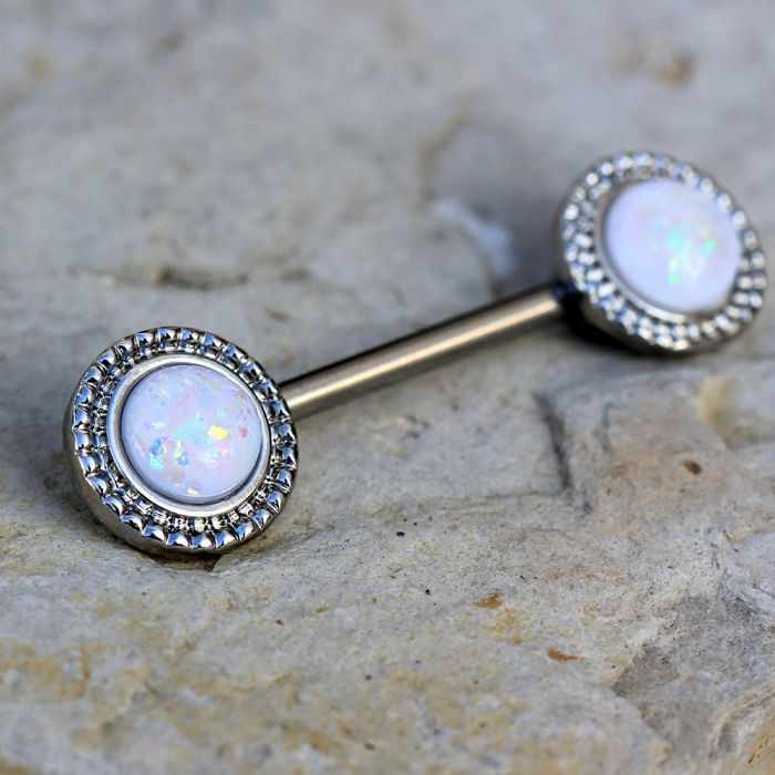 316l stainless steel ornate white synthetic opal nipple bar