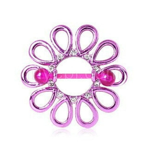 PVD Plated Purple Gemmed Flower Burst Nipple Shield with BioFlex Bar | Fashion Hut Jewelry