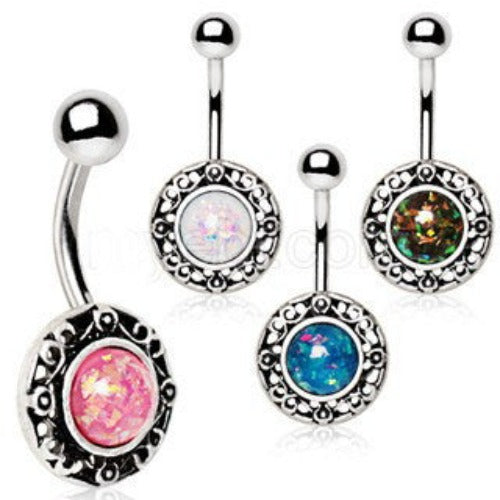 316L Stainless Steel Antique Navel Ring with Adorned Synthetic Opal | Fashion Hut Jewelry