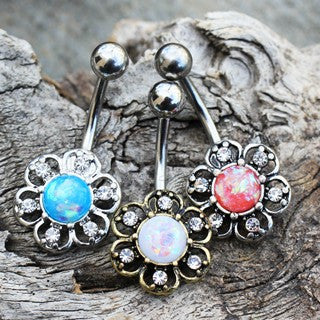 316L Stainless Steel Synthetic Opal Floral Navel Ring - Fashion Hut Jewelry