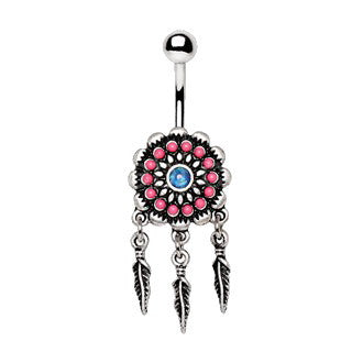 316L Stainless Steel Synthetic Opal Dream Catcher Navel Ring | Fashion Hut Jewelry