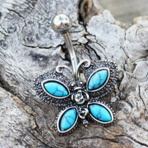 316L Stainless Steel Antique Turquoise Butterfly Navel Ring | Fashion Hut Jewelry