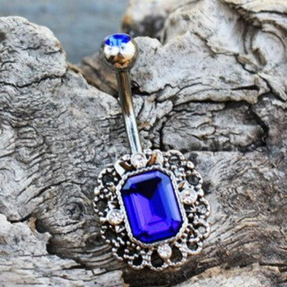 316L Stainless Steel Radiant Cut Sapphire Blue CZ Ornate Navel Ring | Fashion Hut Jewelry