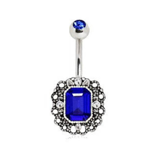 316L Stainless Steel Radiant Cut Sapphire Blue CZ Ornate Navel Ring | Fashion Hut Jewelry