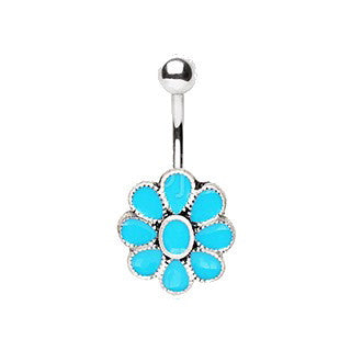 316L Stainless Steel Teal Blue Flower Navel Ring | Fashion Hut Jewelry