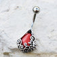 316L Stainless Steel Ornamental Red Stone Teardrop Navel Ring | Fashion Hut Jewelry