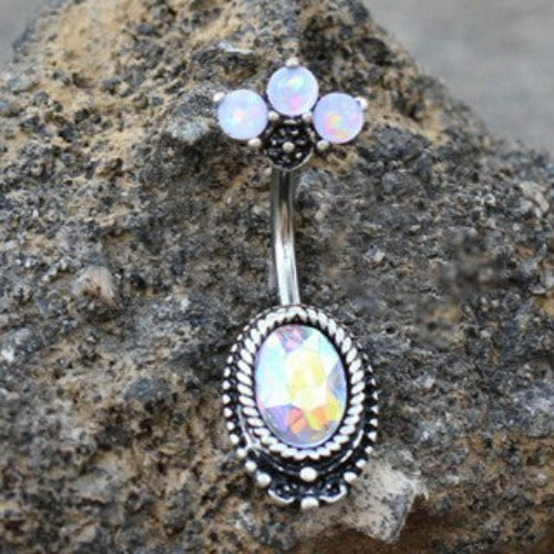 316L Surgical Steel Aurora Borealis CZ Navel Ring with Opal Fan Top | Fashion Hut Jewelry