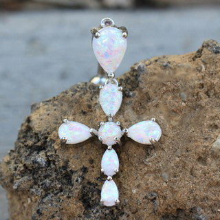 316L Stainless Steel White Synthetic Opal Cross Top Down Navel Ring | Fashion Hut Jewelry