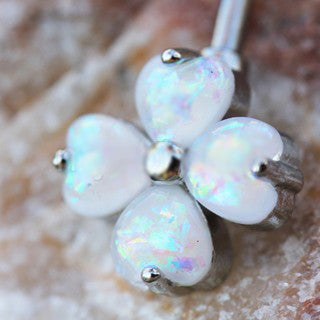 316L Stainless Steel White Synthetic Opal Clover Navel Ring | Fashion Hut Jewelry