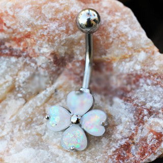 316L Stainless Steel White Synthetic Opal Clover Navel Ring - Fashion Hut Jewelry