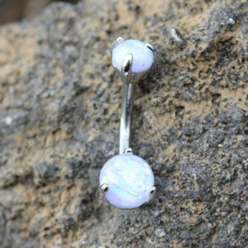 316L Stainless Steel Navel Ring with Prong Set White Synthetic Opal - Fashion Hut Jewelry