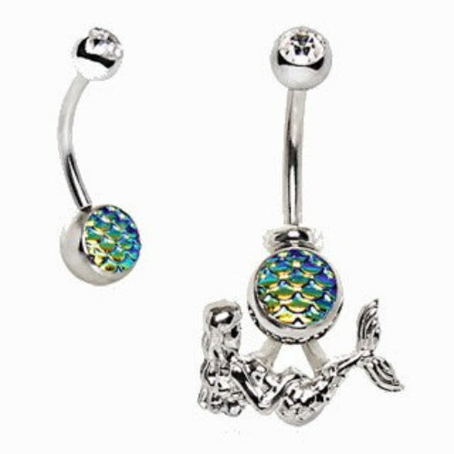 316L Stainless Steel 2-in-1 Fish Scale Cabochon Mermaid Navel Ring | Fashion Hut Jewelry