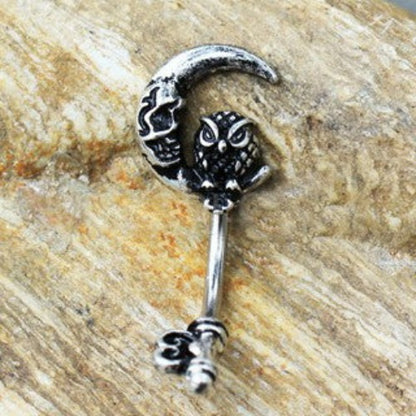 316L Stainless Steel Gothic Owl on the Moon Skeleton Key Navel Ring - Fashion Hut Jewelry