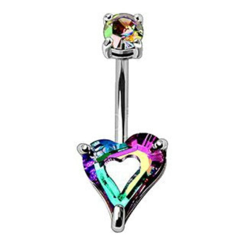 316L Stainless Steel Rainbow Hollow Heart CZ Navel Ring | Fashion Hut Jewelry