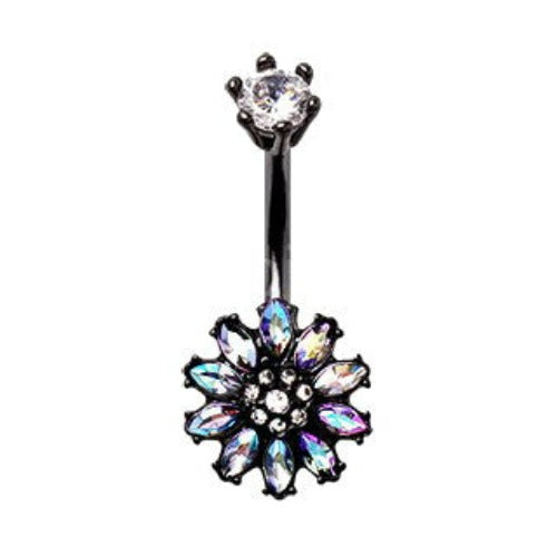 Black PVD Plated Aurora Borealis Flower Navel Ring | Fashion Hut Jewelry