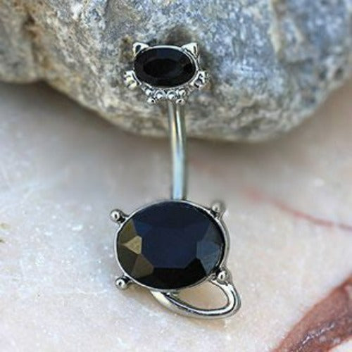 316L Stainless Steel Fancy Black Cat Navel Ring | Fashion Hut Jewelry