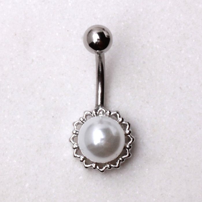 316L Stainless Steel White Faux Pearl Navel Ring