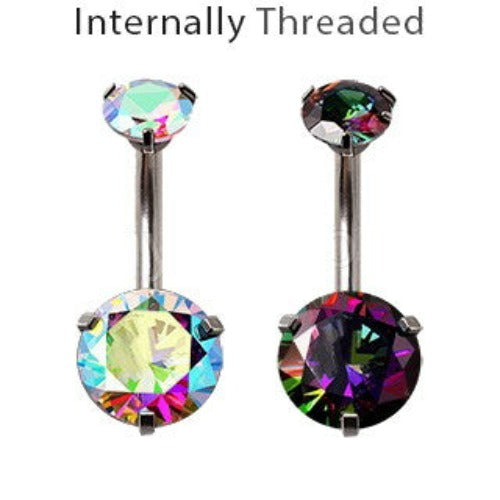 Internally Threaded 316L Stainless Steel Prong Set Iridescent Cubic Navel Ring | Fashion Hut Jewelry