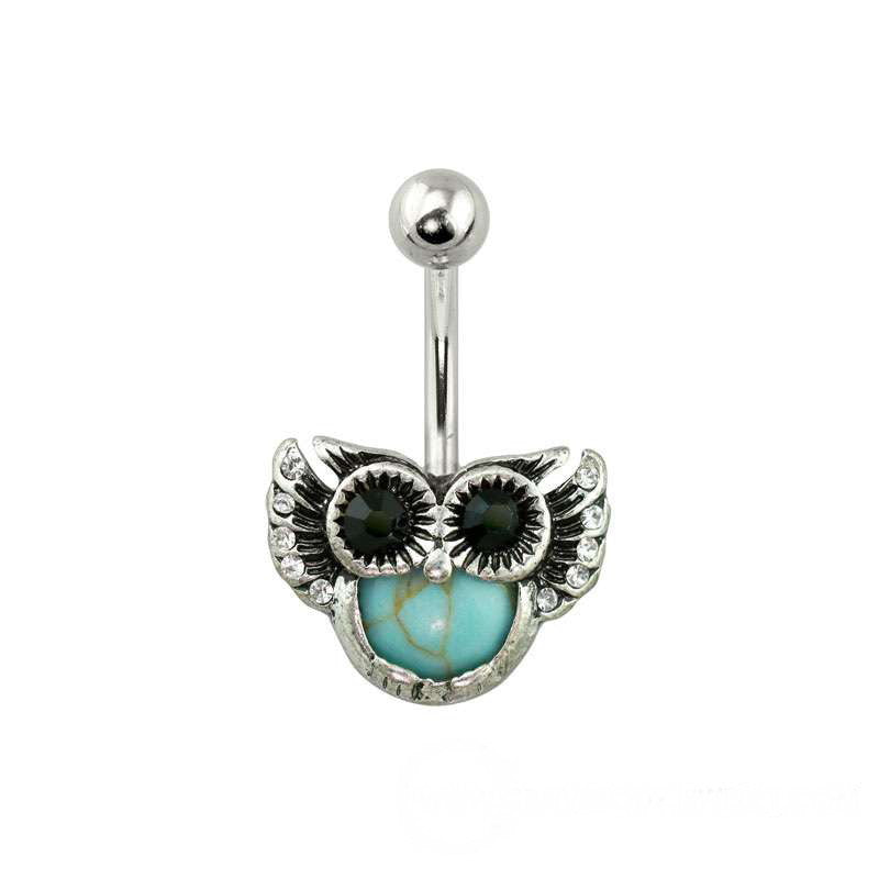 Antique Silver Turquoise Gem Owl 316L Surgical Steel Navel Ring | Fashion Hut Jewelry