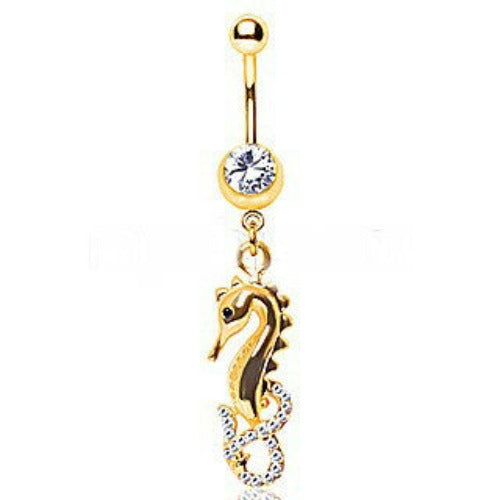 Gold Plated Gemmed Sea Horse Dangle Navel Ring | Fashion Hut Jewelry
