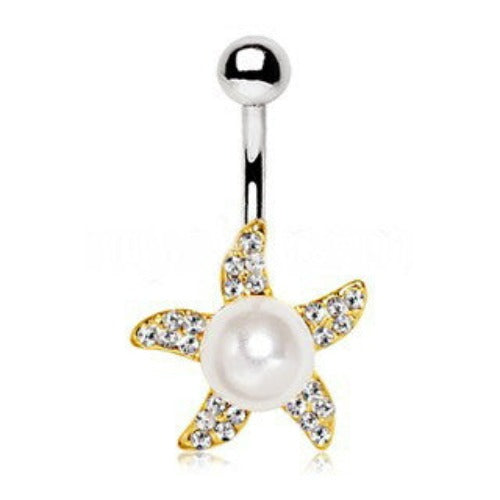 Gold Pearl Accent Starfish Navel Ring | Fashion Hut Jewelry