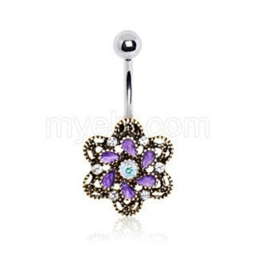 Antique Gold Plated Ornate Jeweled Camellia Flower Navel Ring | Fashion Hut Jewelry
