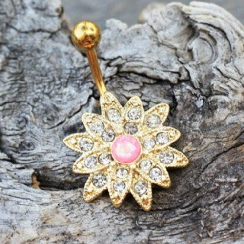Gold Plated Gleaming Sunburst Flower Navel Ring | Fashion Hut Jewelry