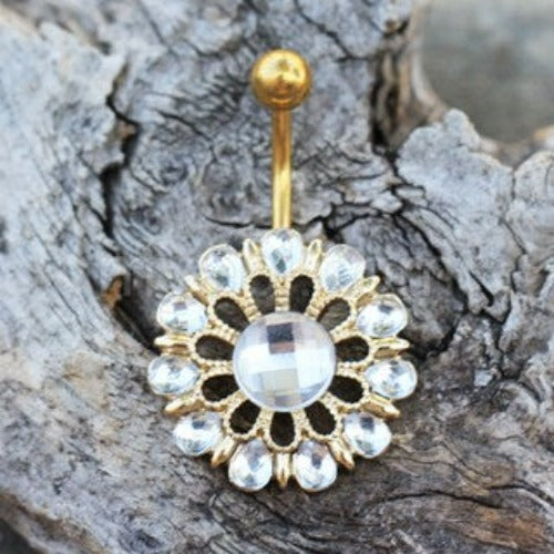Gold Plated Checkerboard Cut CZ Flower Navel Ring | Fashion Hut Jewelry