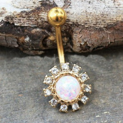 Gold Plated Dazzling Sun with Synthetic Opal Navel Ring | Fashion Hut Jewelry