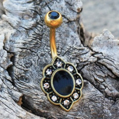 Gold Plated Elegant Black Floral Navel Ring | Fashion Hut Jewelry