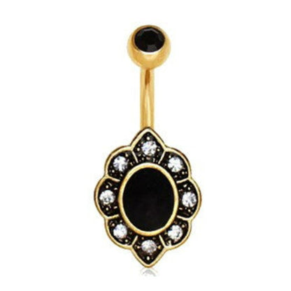 Gold Plated Elegant Black Floral Navel Ring | Fashion Hut Jewelry