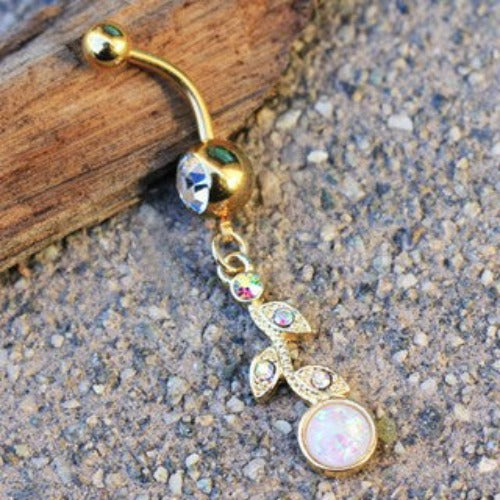 Gold Synthetic Opal Flower Vine Dangle Navel Ring | Fashion Hut Jewelry