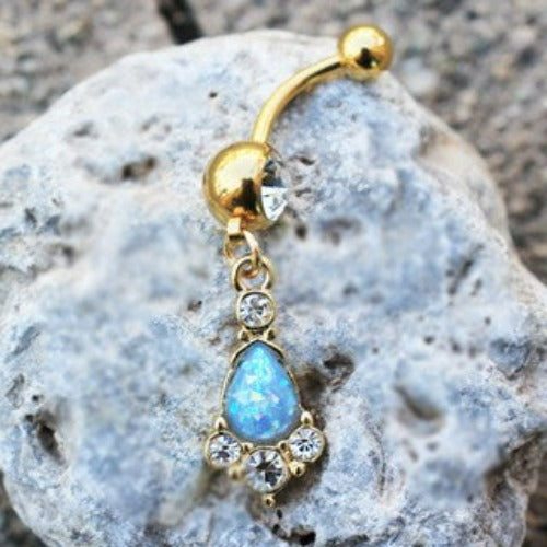 Gold Light Blue Tear Drop Synthetic Opal Dangle Navel Ring - Fashion Hut Jewelry
