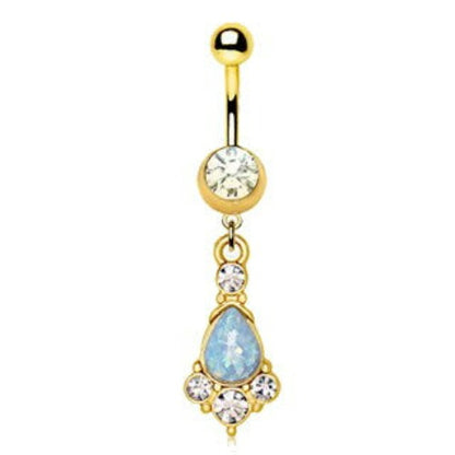 Gold Light Blue Tear Drop Synthetic Opal Dangle Navel Ring | Fashion Hut Jewelry