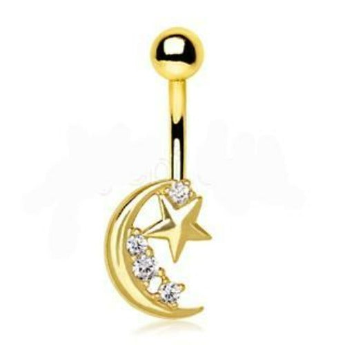 Gold Crescent Moon & Shinning Star Navel Ring | Fashion Hut Jewelry
