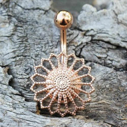 Rose Gold Plated Ornate Flower Navel Ring | Fashion Hut Jewelry