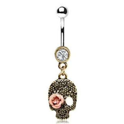 Pink Rose Skull Dangle Navel Ring | Fashion Hut Jewelry