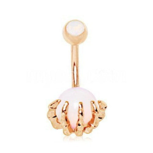 Rose Gold Plated Skeleton Hand Holding Crystal Ball Navel Ring | Fashion Hut Jewelry
