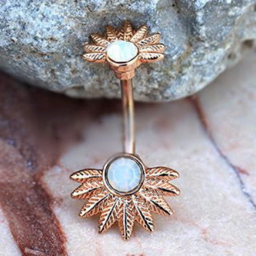 Rose Gold Plated White Synthetic Opal Palm Leaves Navel Rings | Fashion Hut Jewelry
