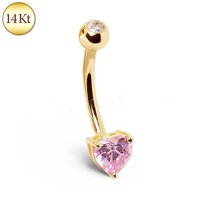 14Kt Gold Navel Ring with Prong Set Heart CZ