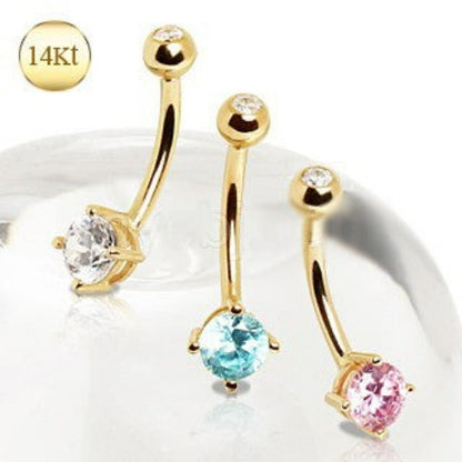 14Kt Gold Navel Ring with Prong Set Round CZ | Fashion Hut Jewelry