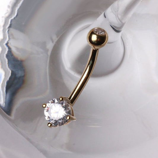 14Kt Yellow Gold 1/2" Navel Ring with Clear Round Prong Set CZ
