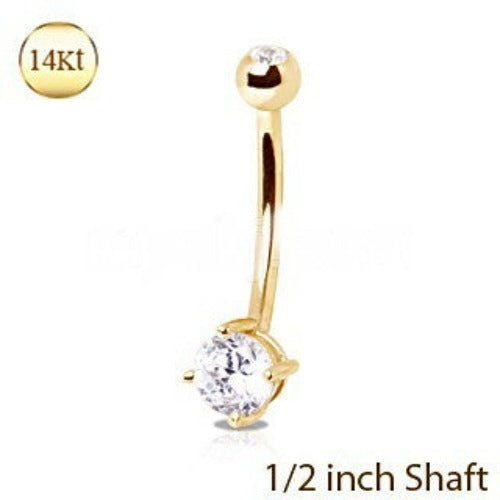 14Kt Yellow Gold 1/2" Navel Ring with Clear Round Prong Set CZ | Fashion Hut Jewelry