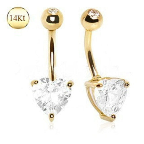 14Kt Yellow Gold Navel Ring with Large Clear Heart Prong Set CZ | Fashion Hut Jewelry