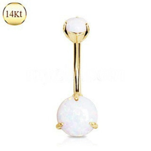 14Kt. Yellow Gold Navel Ring with Prong Set White Synthetic Opal | Fashion Hut Jewelry