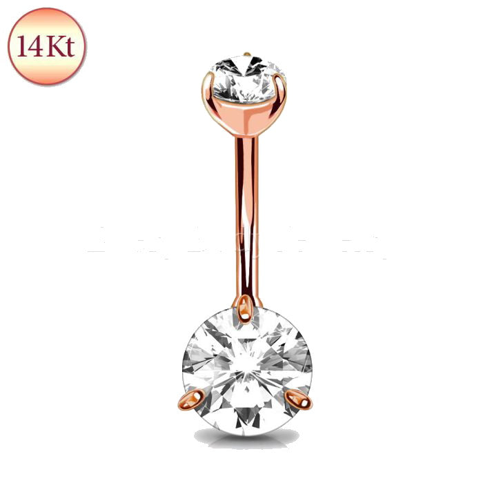 14Kt Rose Gold Navel Ring with Prong Set Clear Round CZ | Fashion Hut Jewelry