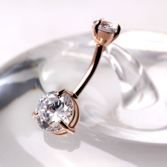 14Kt Rose Gold Navel Ring with Prong Set Clear Round CZ
