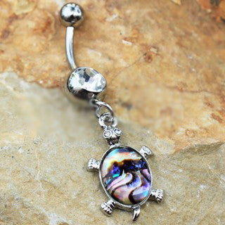 316L Stainless Steel Teal Abalone Inlay Turtle Dangle Navel Ring | Fashion Hut Jewelry