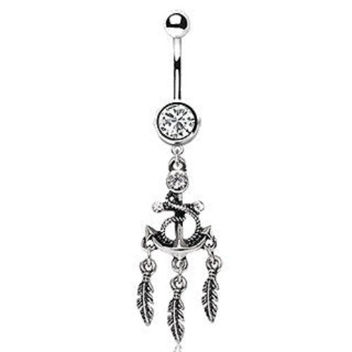 316L Stainless Steel Anchor and Feather Dangle Navel Ring | Fashion Hut Jewelry