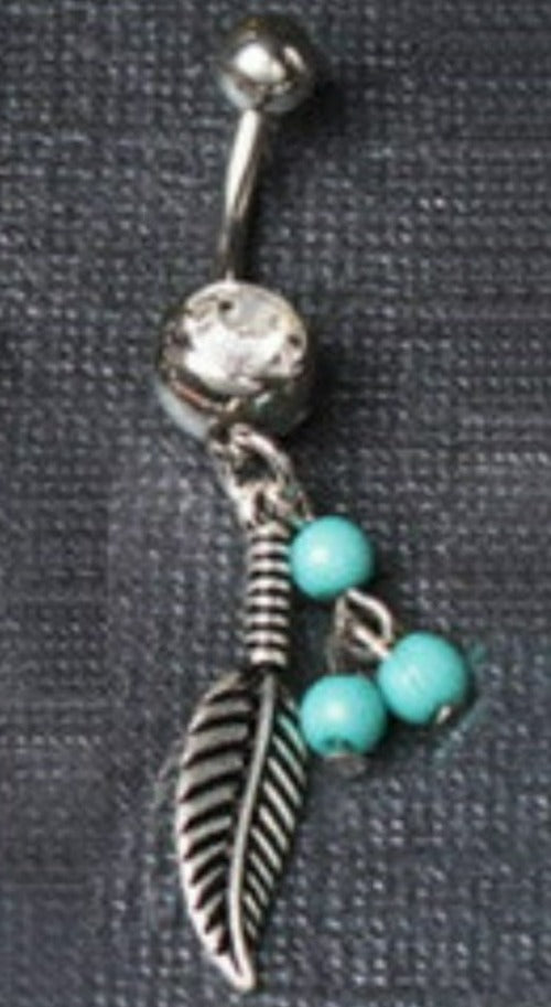 316L Surgical Steel Navel Ring with Feather and Bead Dangle | Fashion Hut Jewelry